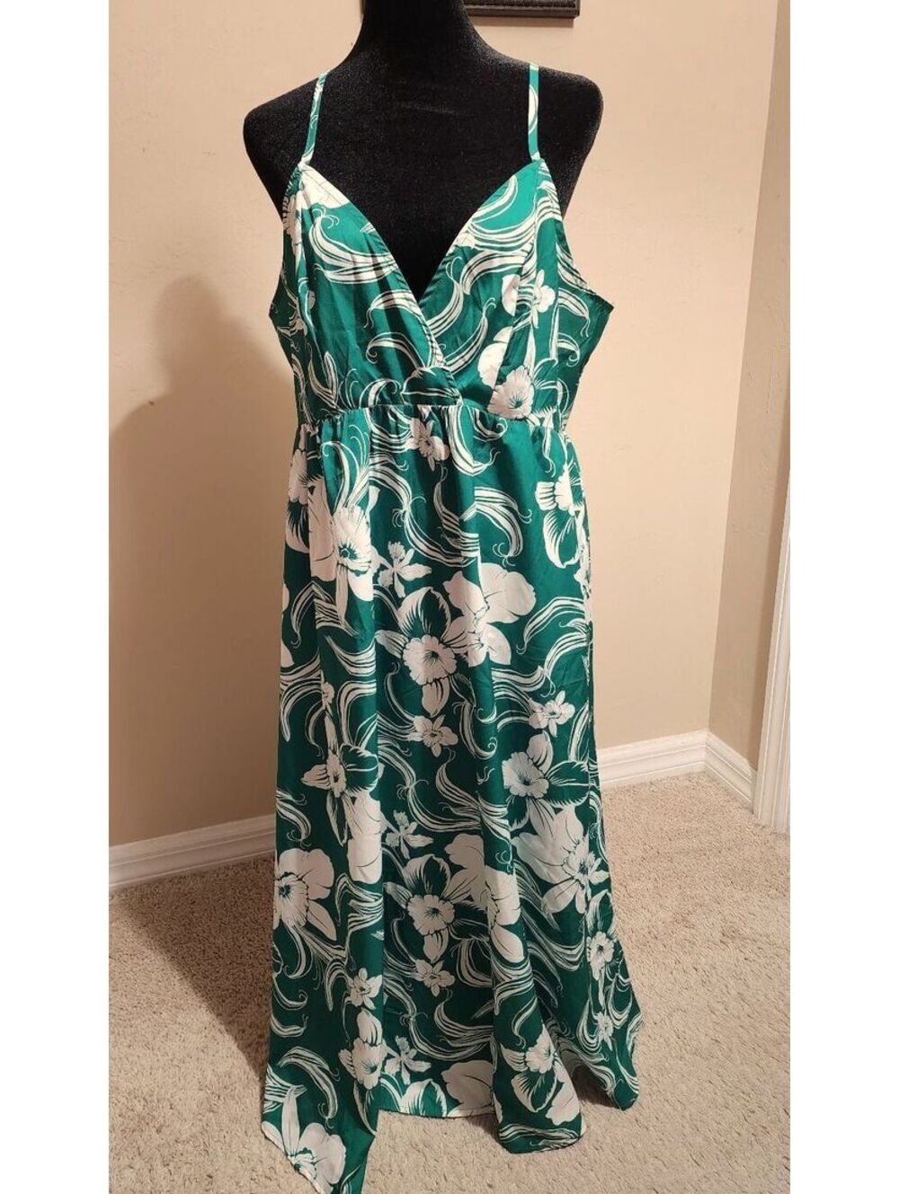 Emerald Green and White Floral Maxi Dress with Spaghetti Straps